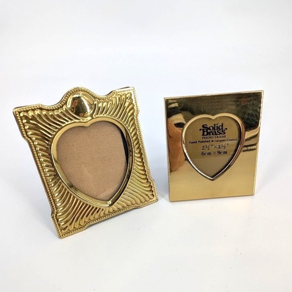 90s VtG Solid Brass Heart Mini Picture Frame Set Gold Tone Hand Polished 2.5x3.5